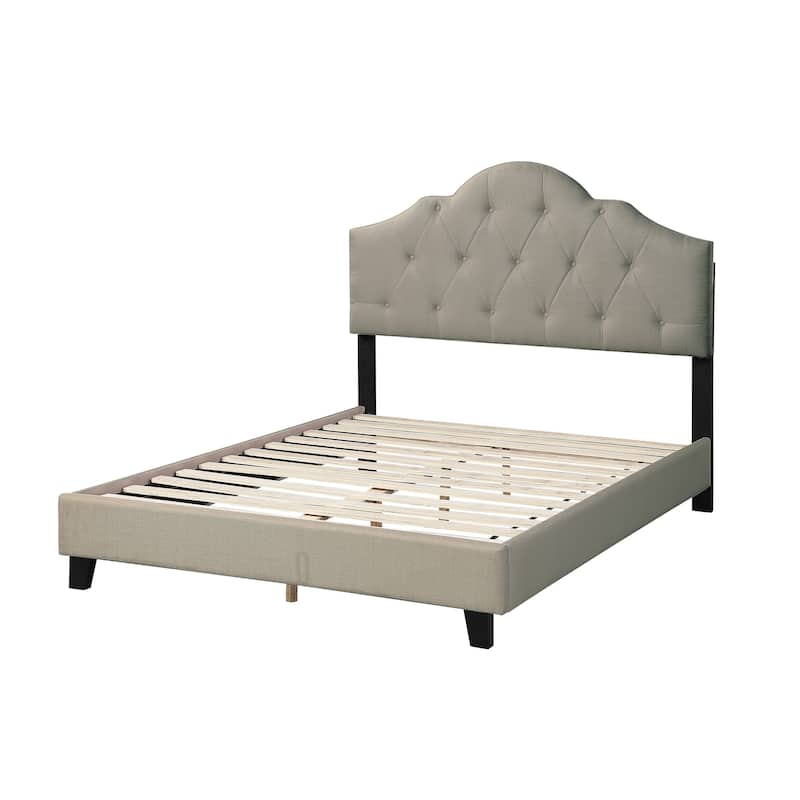 Queen Size Adjustable Headboard Upholstered Platform Bed Frame with Arch Design and Tufted Fabric, Bedroom Furniture