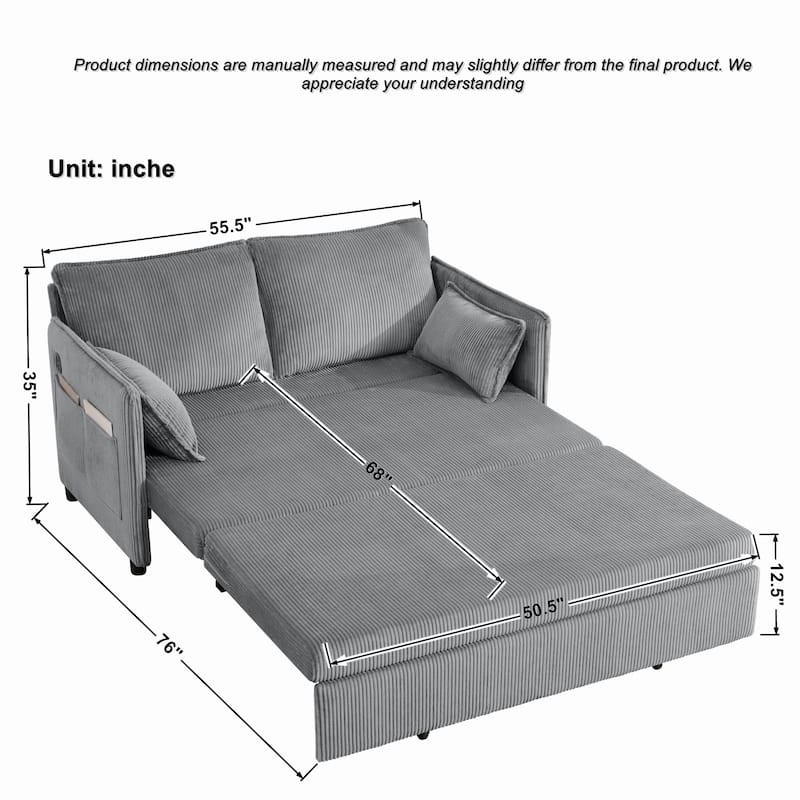 Roomfitters 55" Modern Corduroy Sofa Bed with Pull-out Sleeper Design, Modular Daybed with Storage Pocket & Pillows