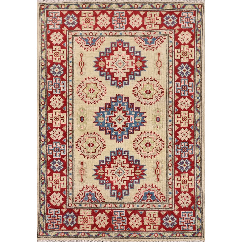 Beige Traditional Kazak Foyer Rug Hand-Knotted Wool Carpet - 2'9" x 4'0"