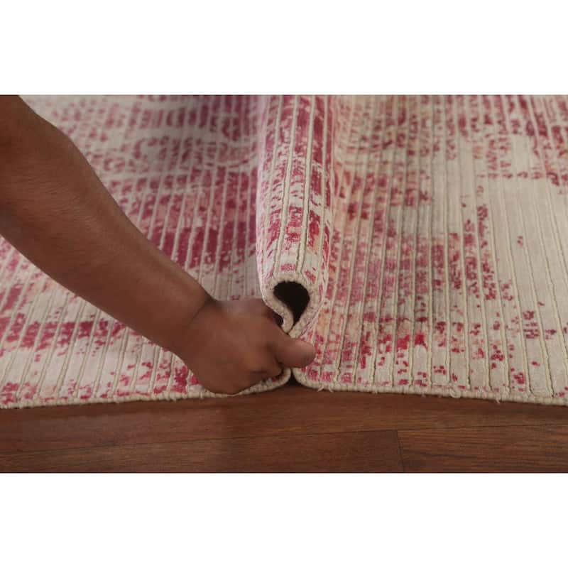 Striped Pink Abstract Modern Area Rug Hand-Knotted Wool Carpet - 6'5"x 9'8"