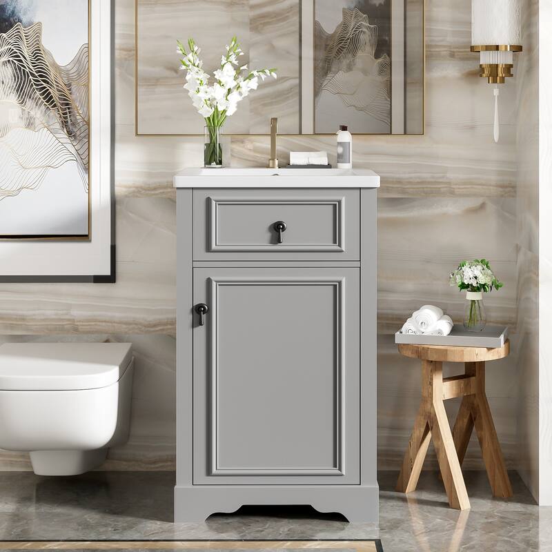 Bathroom Vanity with Ceramic Sink, Bathroom Storage Cabinet with Soft Close Door, Door-Mounted Storage Rack & Adjustable Shelf