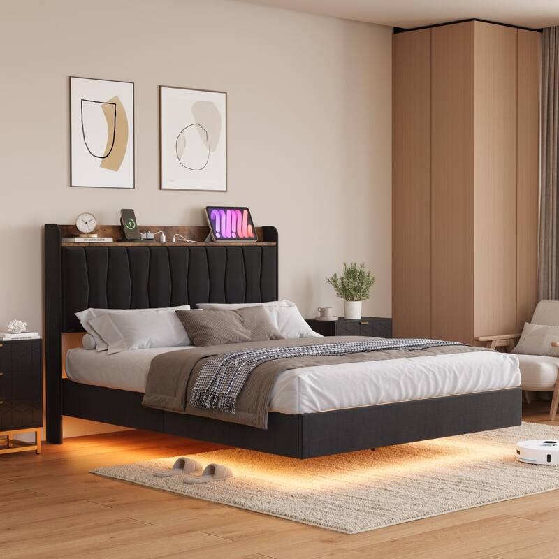 Full/Queen/King Floating Bed Frame with LED Lights & Charging Station, Upholstered Platform Bed with Storage Headboard