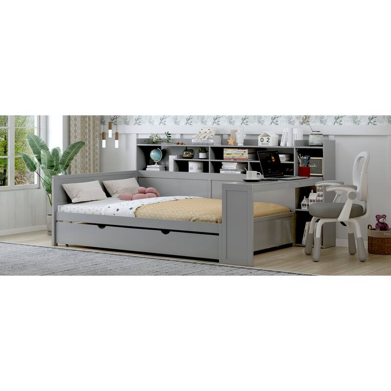 Wooden Full Size Daybed with Storage Shelves, Multi-functional Bed with Twin Size Trundle Bed and Study Desk,Gray