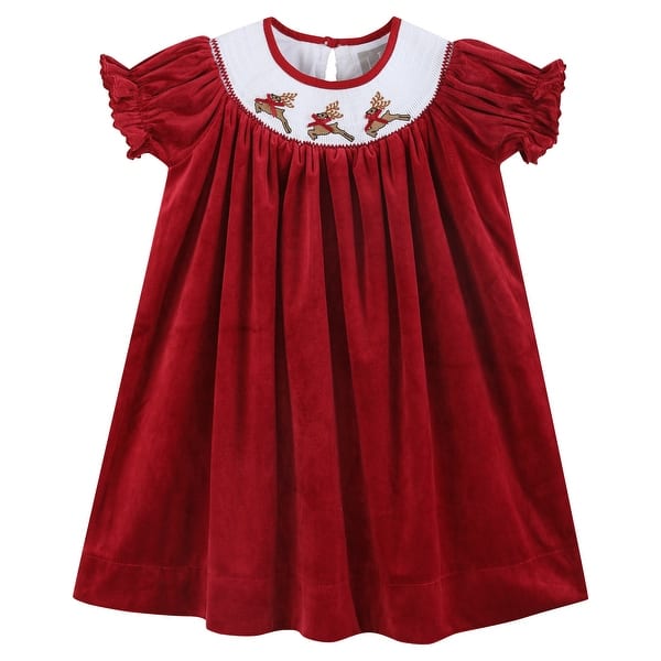 slide 2 of 4, Red Velvet Reindeer Smocked Bishop Dress