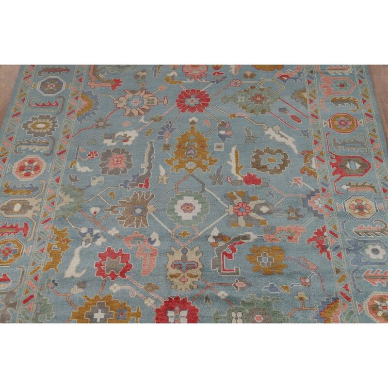 All-Over Blue Oushak Oriental Area Rug Hand-Knotted Wool Carpet - 9'2"x 11'11"
