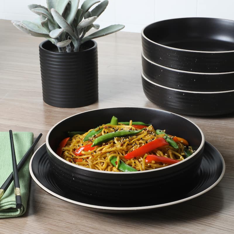 Gibson Home Dinah 16 Piece Double Bowl Stoneware Embossed Speckled Dinnerware Set