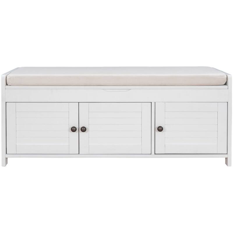 3-drawer Wooden Storage Bench with Cushion - White