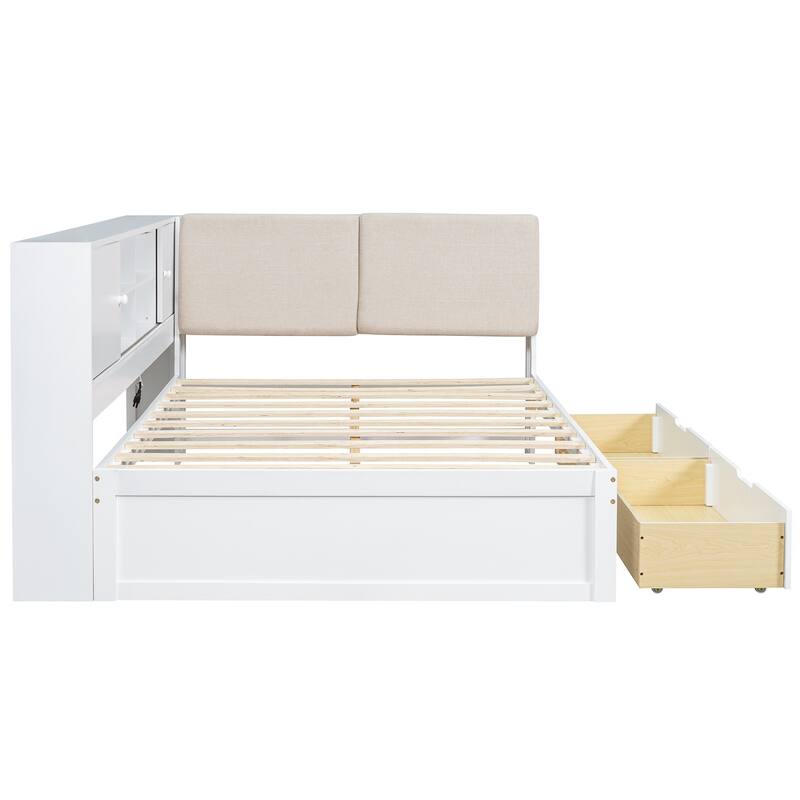 L-Shaped Daybed with Bookcase & USB Charging Port, Wood Floor Corner Bed Frame with Storage Drawers & Upholstered Headboard