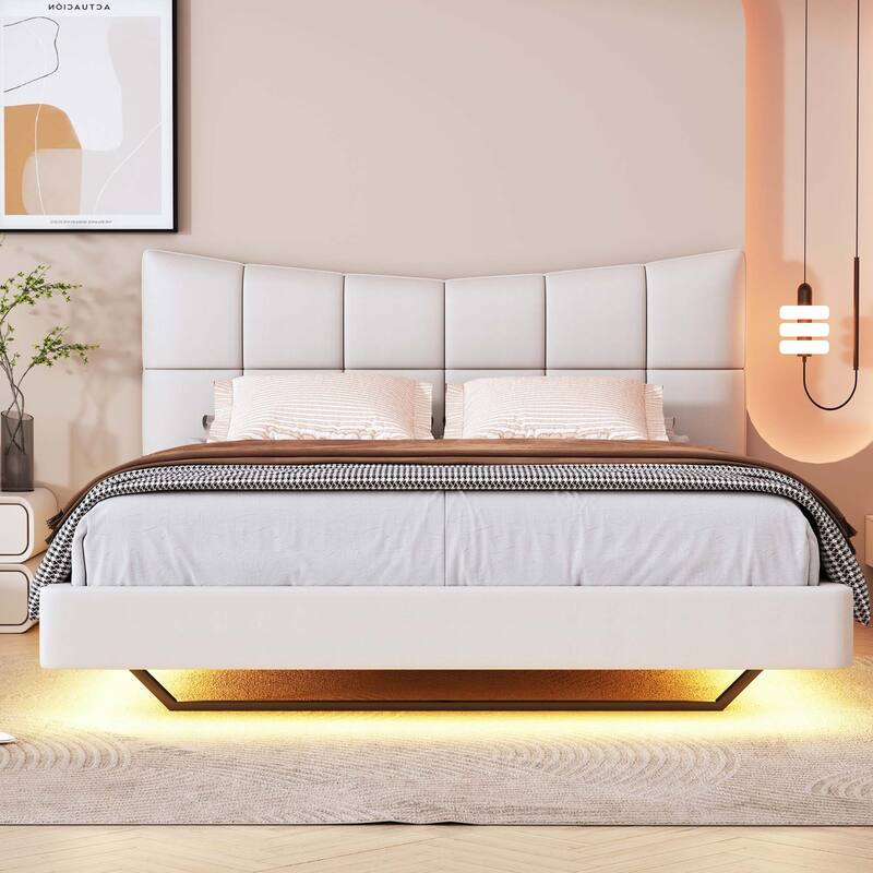 Full Size Upholstered Platform Bed with LED Lights
