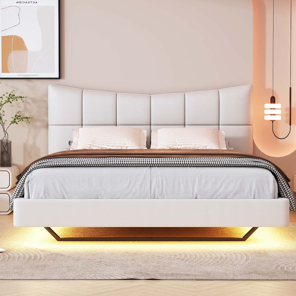 Full Size Upholstered Platform Bed with LED Lights