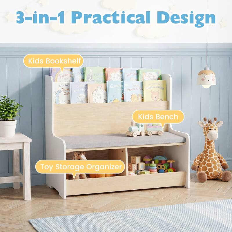 Gymax Kids Reading Nook w/Bench Bookshelf & 2 Cubbies Removable Padded