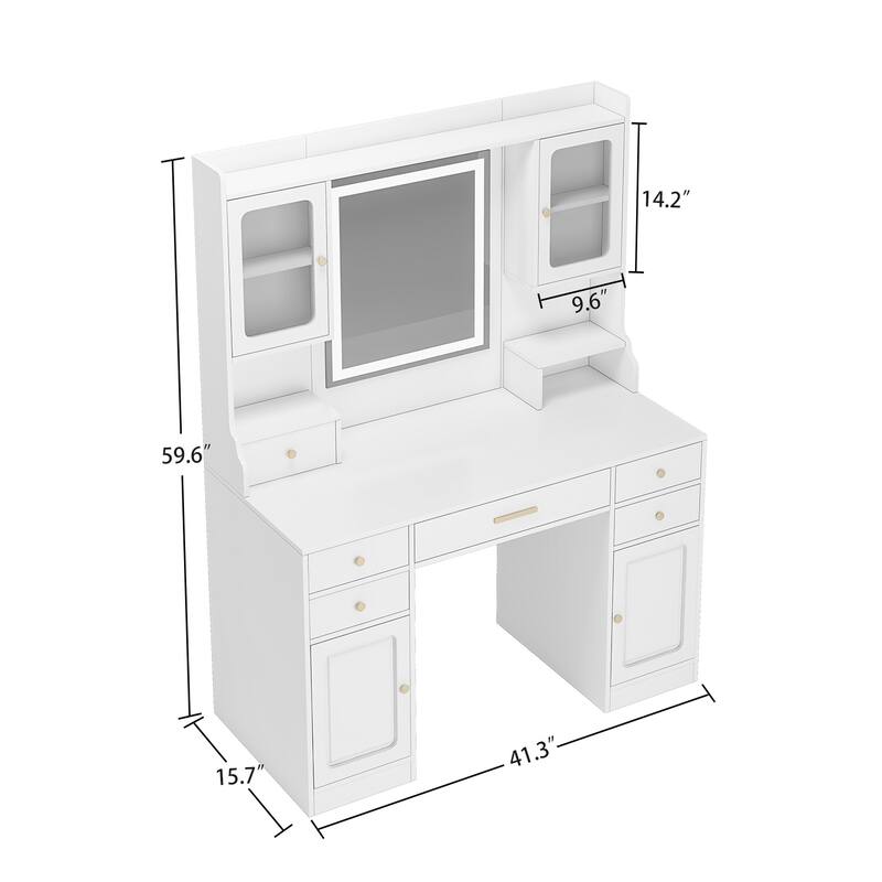 Vanity Desk with Lighted Mirror, Extra Large Capacity Dressing Table Set, Vanity Makeup Table with 6 Drawers & 4 Cabinets