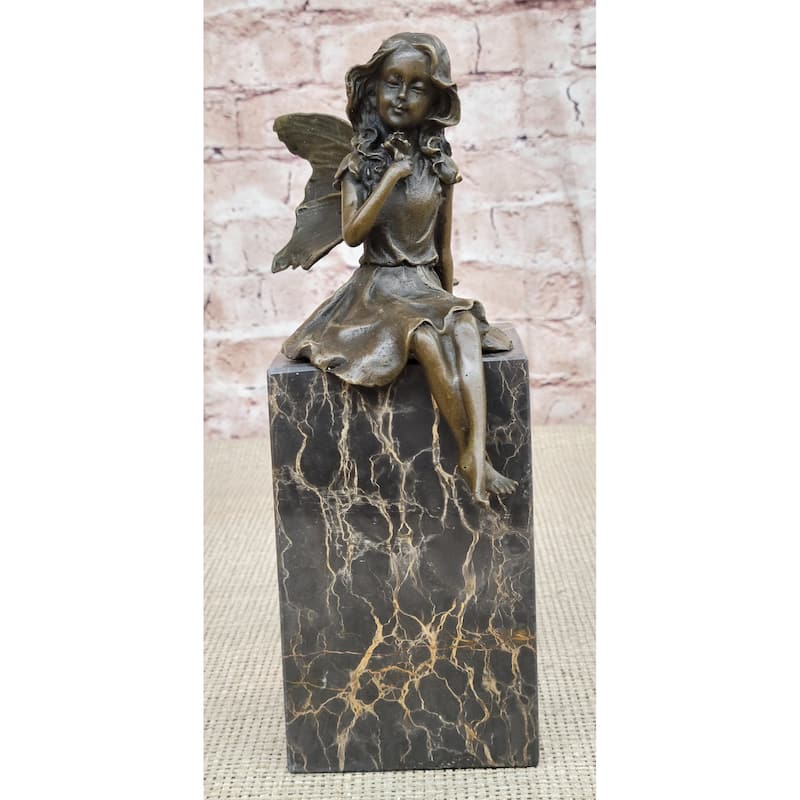 Hot Cast Bronze Sculpture Statue Young Child Fairy Angel Girl Holding Flower Marble Base