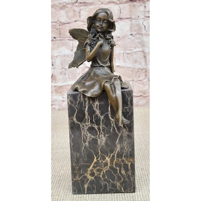 Hot Cast Bronze Sculpture Statue Young Child Fairy Angel Girl Holding Flower Marble Base