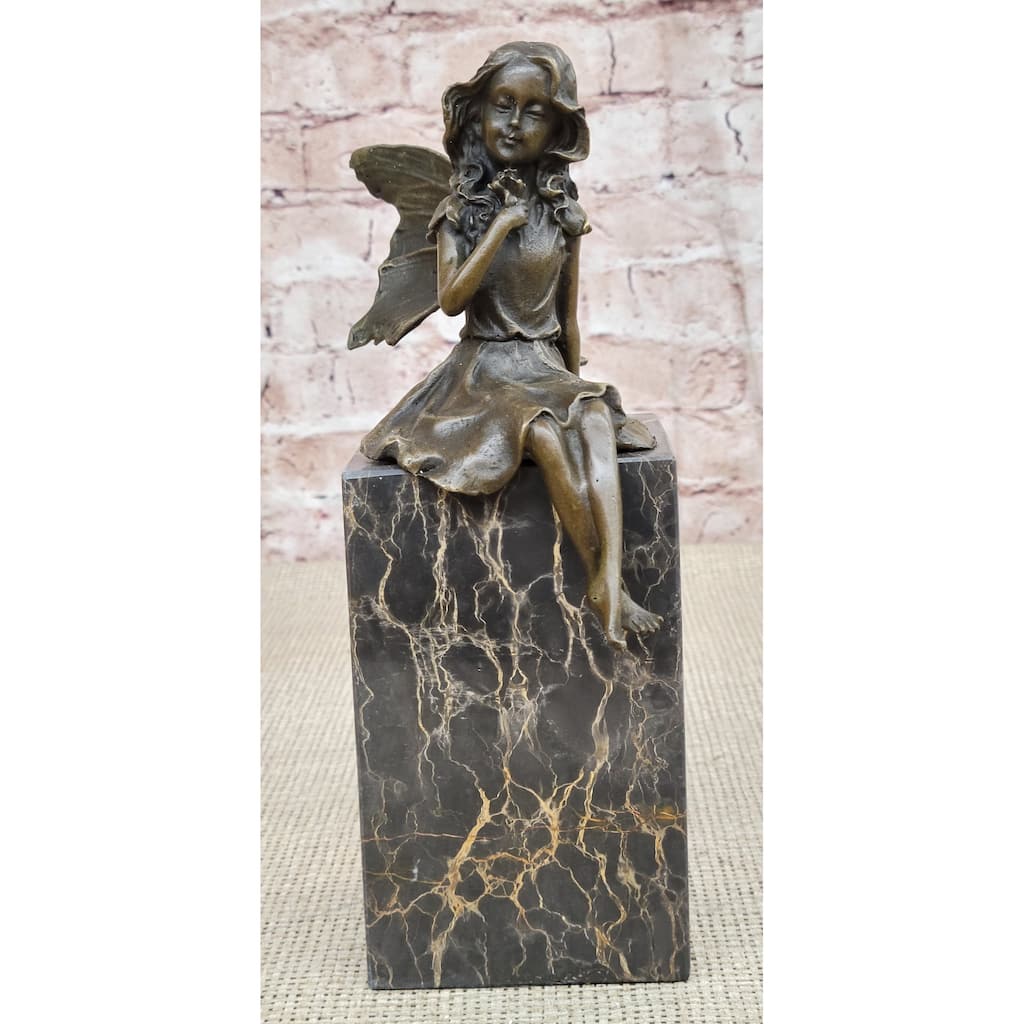 Hot Cast Bronze Sculpture Statue Young Child Fairy Angel Girl Holding Flower Marble Base