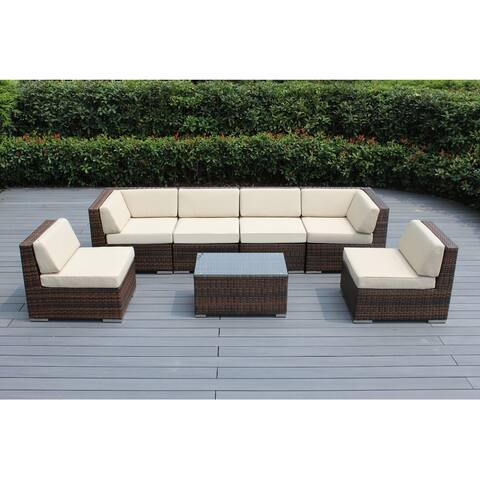 Ohana Outdoor Patio 7 Piece Mixed Brown Wicker Sectional with Cushions