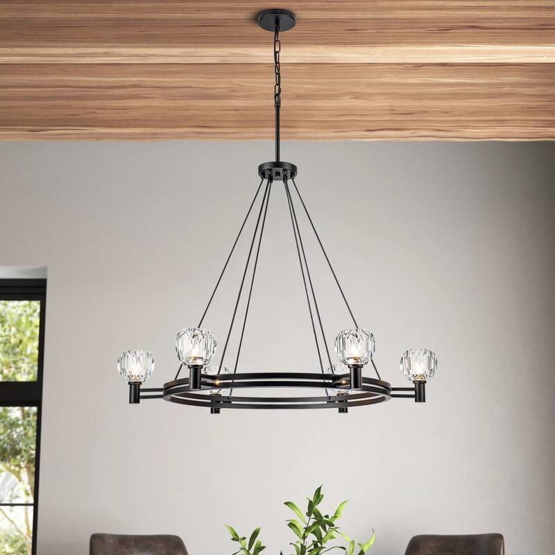6-Light Mid-Century Modern Industrial Black Wheel Crystal Chandelier for Dining Room/Kitchen Island - 35.4 in. W x 27.1 in. H