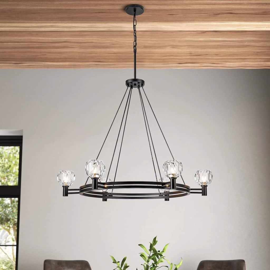 6-Light Mid-Century Modern Industrial Black Wheel Crystal Chandelier for Dining Room/Kitchen Island - 35.4 in. W x 27.1 in. H