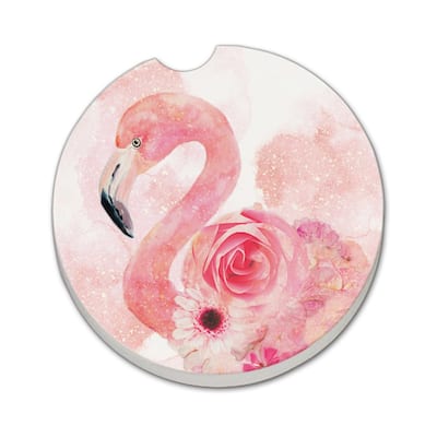 Floral Flamingo 2 Pack Absorbent Stone Coaster for Vehicle Cup Holder 2.6” Diameter Manufactured in The USA