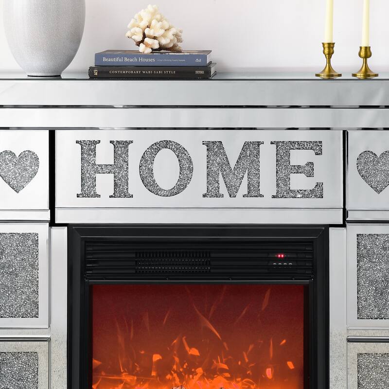 Freestanding Silver TV Fireplace Cabinet with 3D Realistic LED Flames, Acrylic Crystal Design, and Remote Control