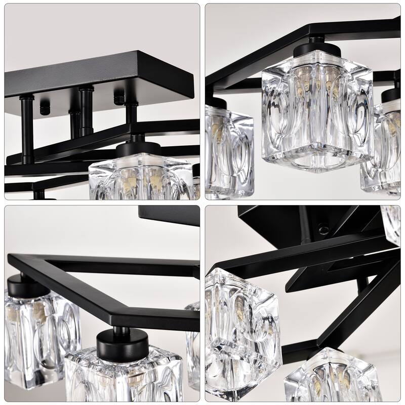 Matte Black 8-Light Industrial Crystal Chandelier, Adjustable Height Pendant Light Fixture for Dining Room, Kitchen, Foyer