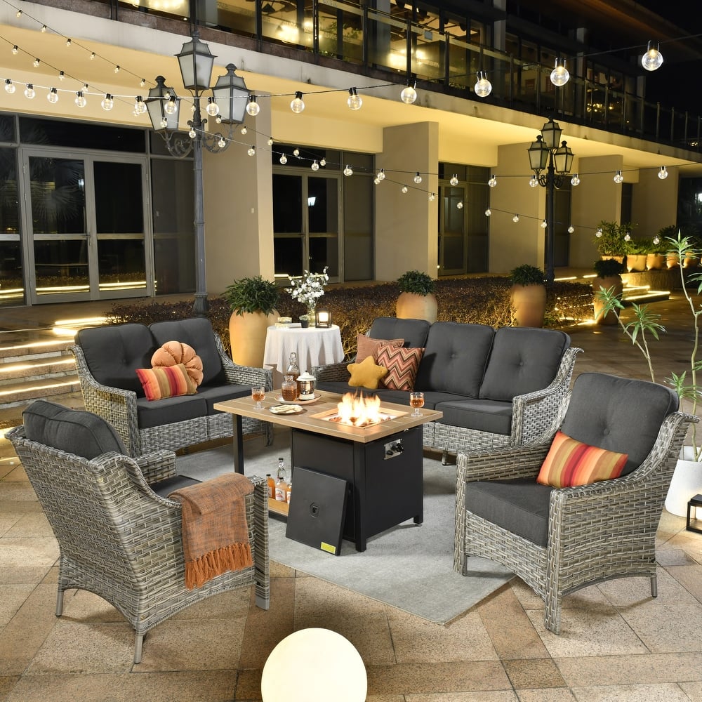 XIZZI 5-piece High-Back Wicker Patio Sofa Set with 46" Fire Pit Table