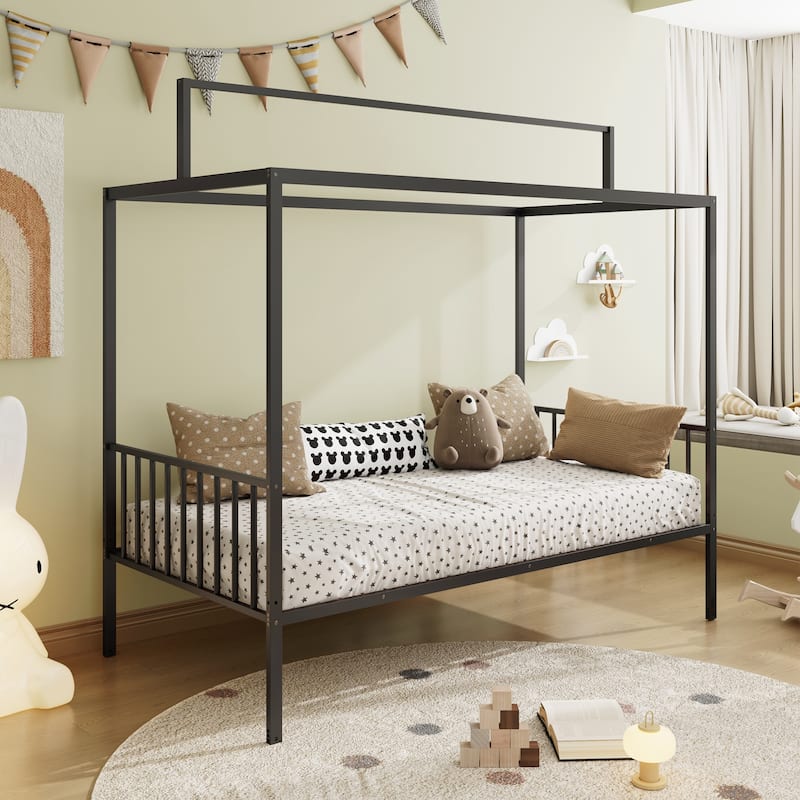 3-in-1 Convertible Montessori Metal floor bed,Fenced toddler bed with Sturdy Metal Slats Support - Black