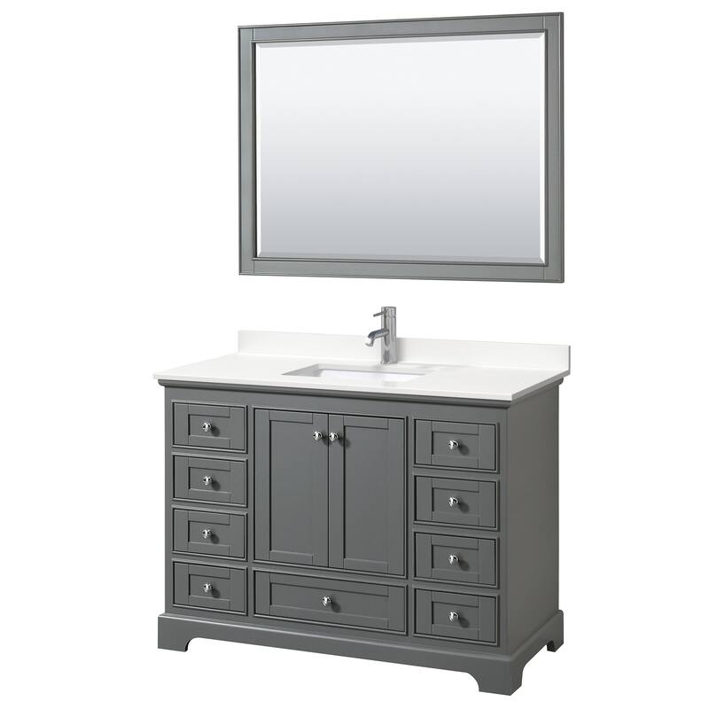 Deborah 48-inch Single Vanity, Quartz Top, 46-inch Mirror - Dark Gray, Chrome Trim, White Quartz Top