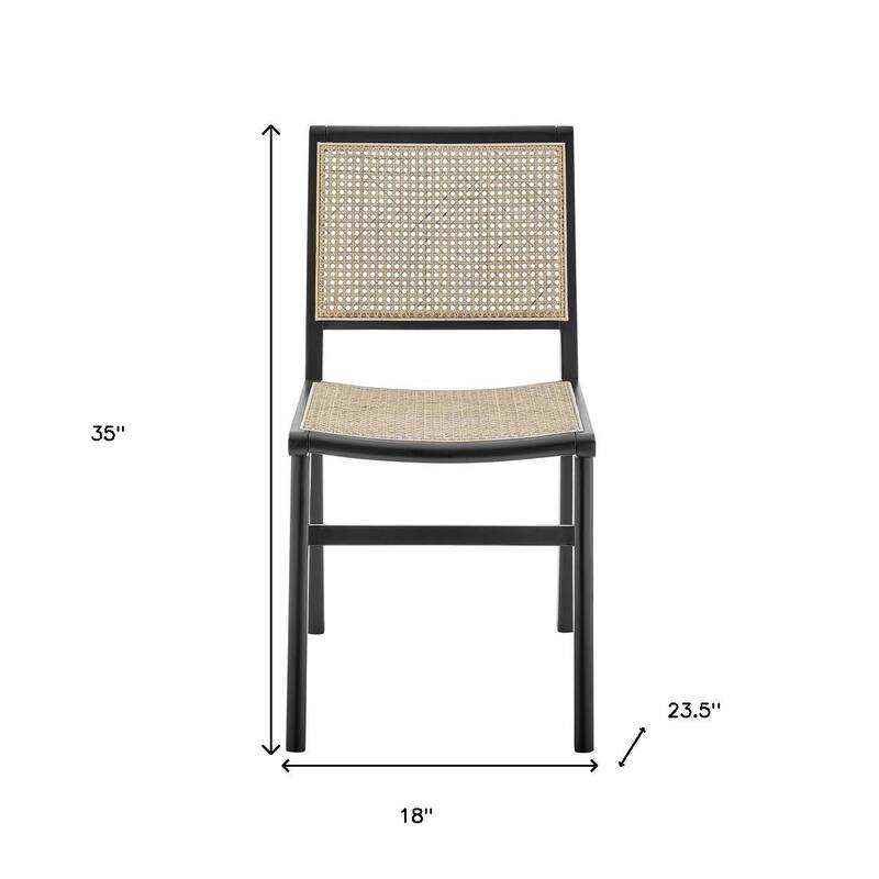 HomeRoots Natural and Black Solid Wood and Cane Partially Open Back Dining Side Chair - 18.00 in. x 35.00 in. x 23.50 in.