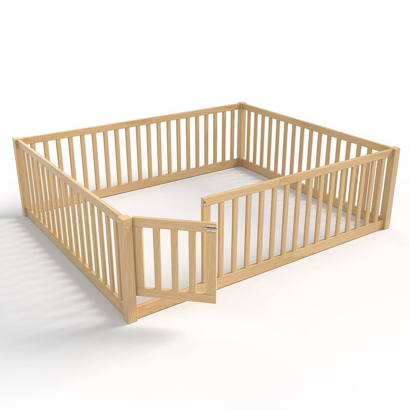 Montessori Floor Bed with Safety Guardrails & Door, Kids Low Profile Frame, Available in Queen/Full/Twin