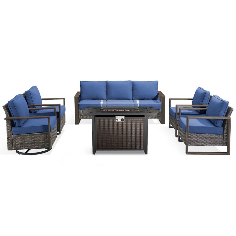 Meyreso Wicker Outdoor Patio Metal Fire Pit Set with Swivel Gliders and Olefin Cushions