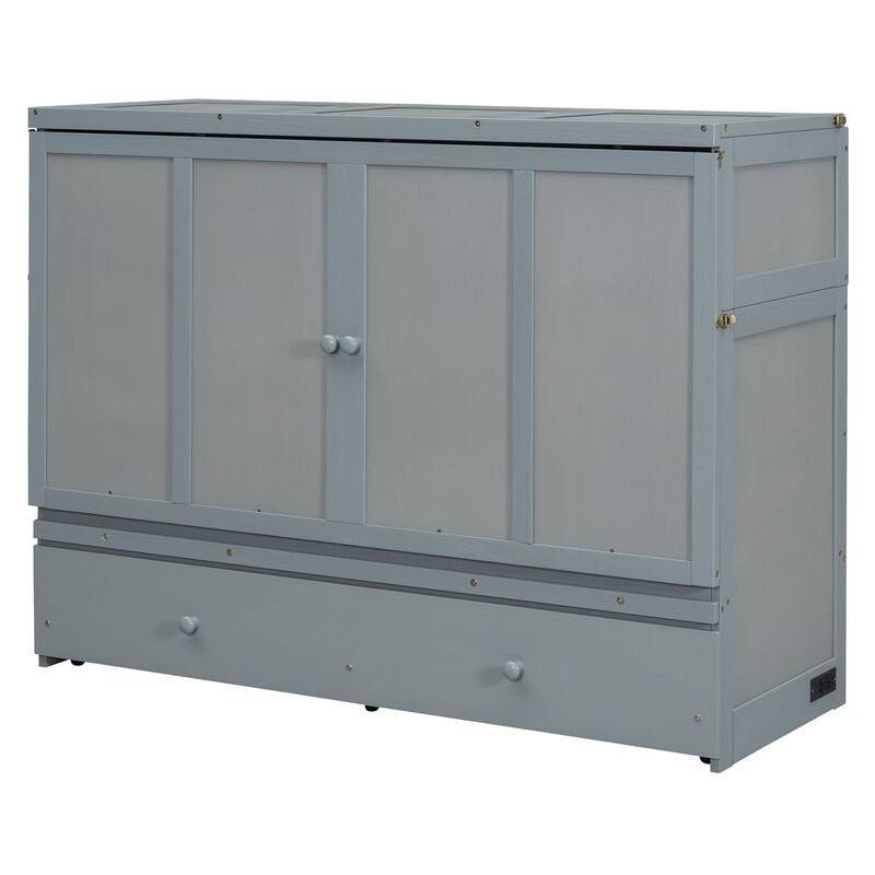 Full/Queen Size Murphy Bed Wall Bed with a Large Storage Drawer and USB Port, Solid Wood Murphy Cabinet Bed, Space Saving Design