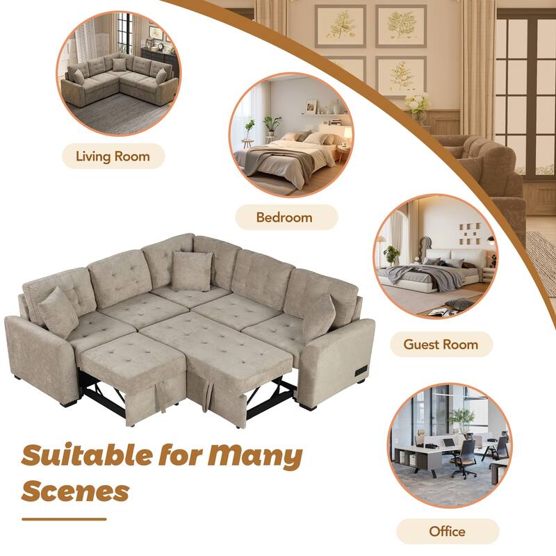 Modern Modular Convertible Sofa with Pull Out Sleeper and USB Ports and Velveteen Upholstery, for Small Living Spaces