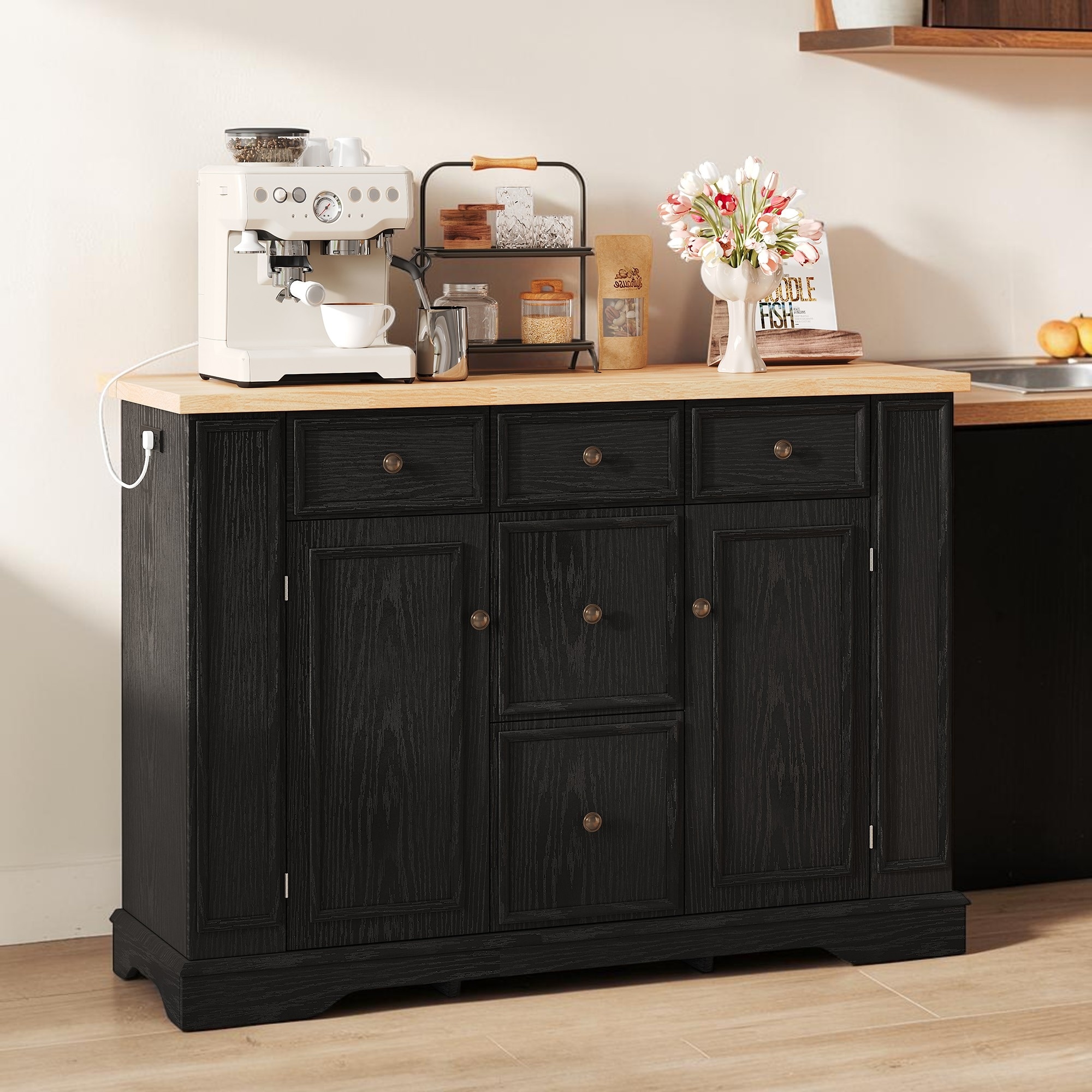 Farmhouse Sideboard Buffet Cabinet with 5 Drawers, 2 Doors, Adjustable Shelves and Storage Console Table