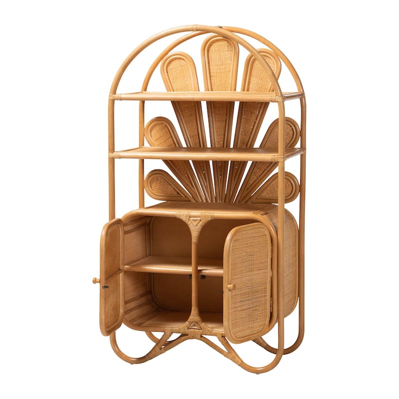 Noreen Peacock Fan Natural Rattan Cabinet - Handcrafted Rattan Pole Hutch with Woven Doors and Shelves, Boho Coastal Accent