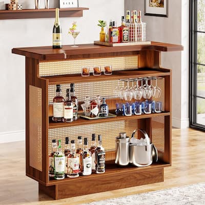 Rattan Home Bar Unit, 4 Tiers Bar Table, Farmhouse Wine Bar Cabinet Mini Bar Table