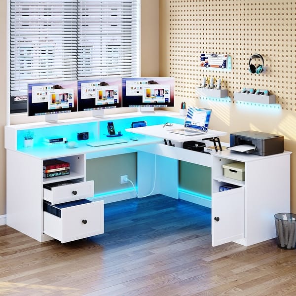 Moasis Lift Top LShaped LED Lights Computer Desk with Storage