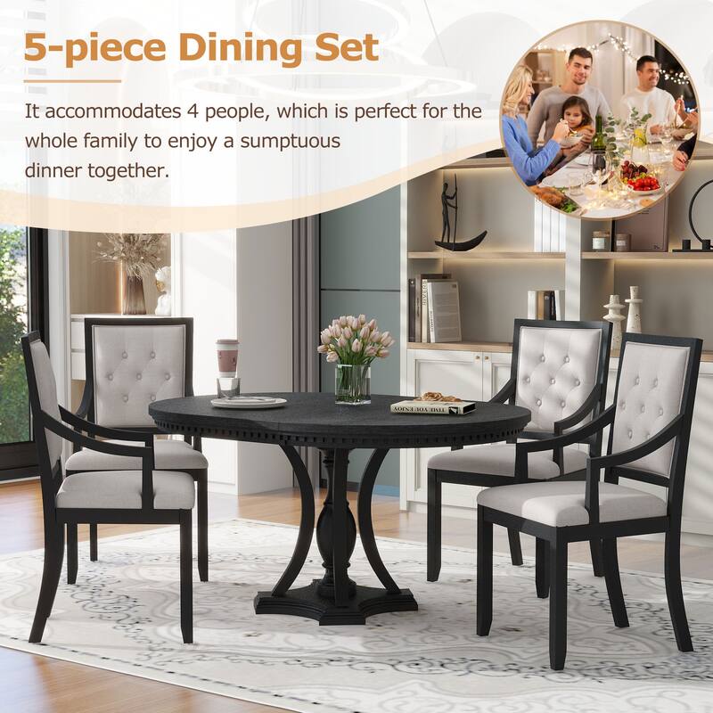 5-Piece Retro Dining Set with Extendable Round Table, Round Table & 4 Chairs Set with Upholstered Chairs