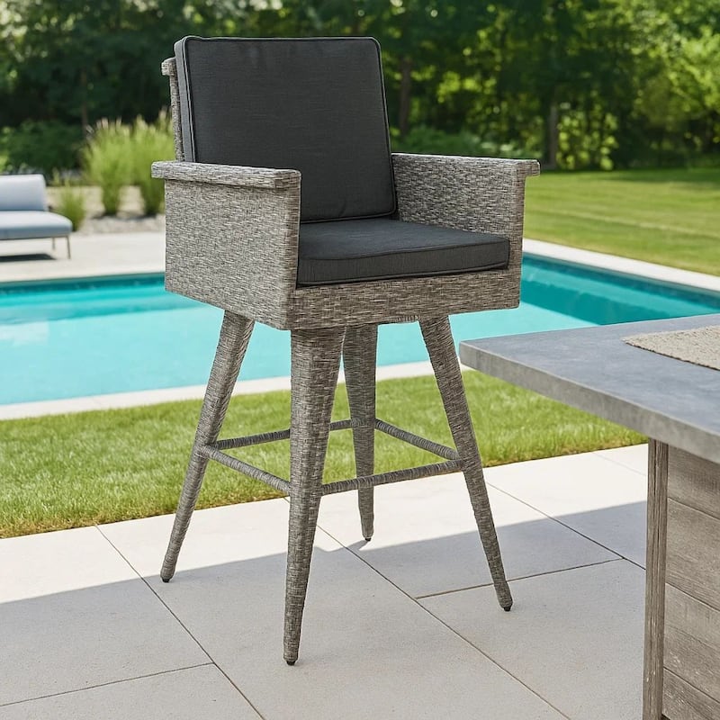 Outdoor Barstool Chair, Gray Black Wicker Rattan, Polyester Cushions