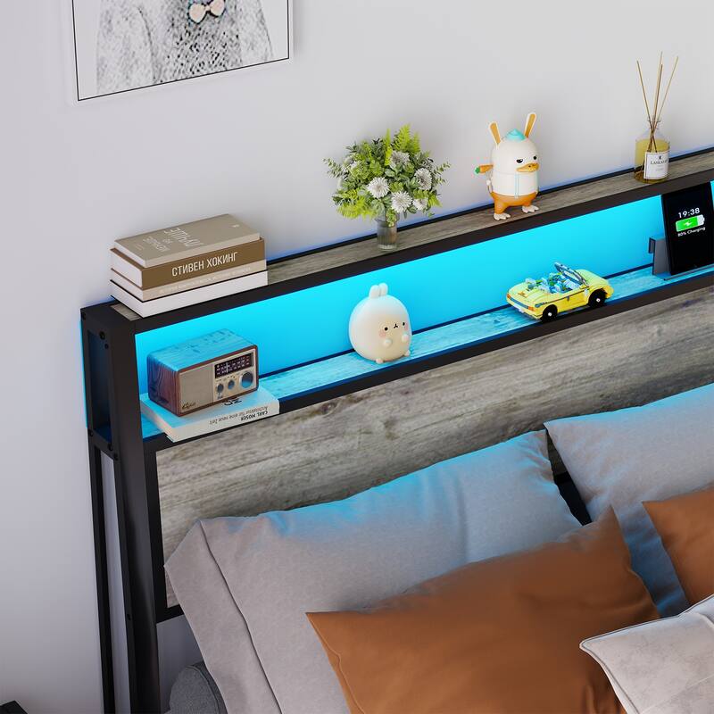 Rustic Grey Metal Bed Frame Platform Bed with Storage Headboard, RGB LED Light & Charging Station