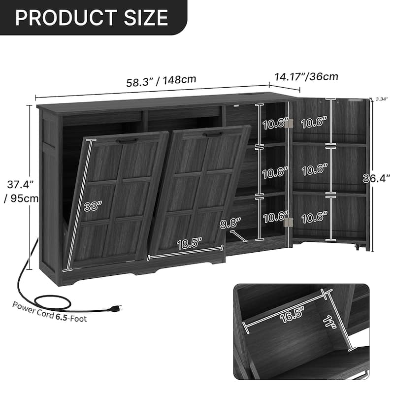 Moasis Kitchen Island with Double Tilt Out Trash Cabinet(13 Gallon) with Adjustable Shelves and Charging Station