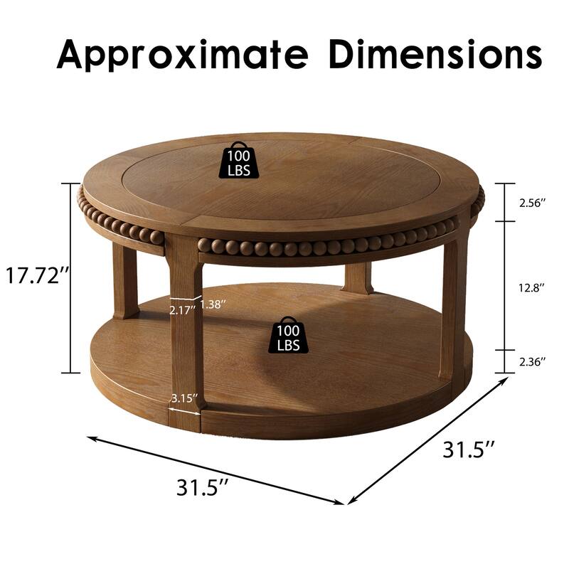 31.5" Round Solid Wood Coffee Table - Two-Tier Thickened Top, Sturdy Legs, Sofa or Living Room Table