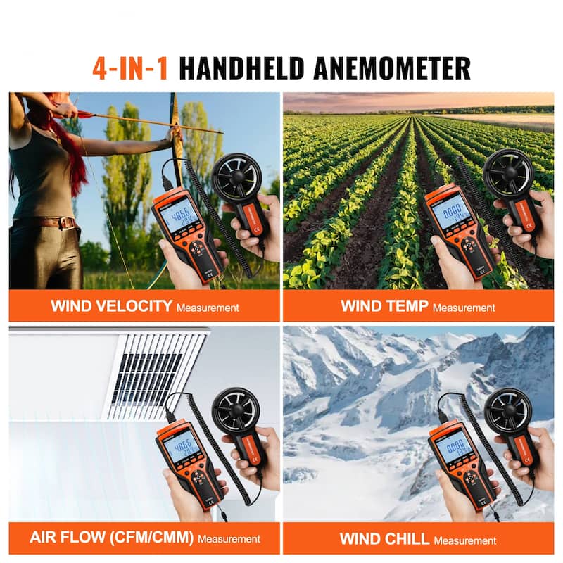 Portable Anemometer Split Design Ideal for Sailing, Surfing, Flying, HVAC - 4-in-1 100.8mph 6.6 ft