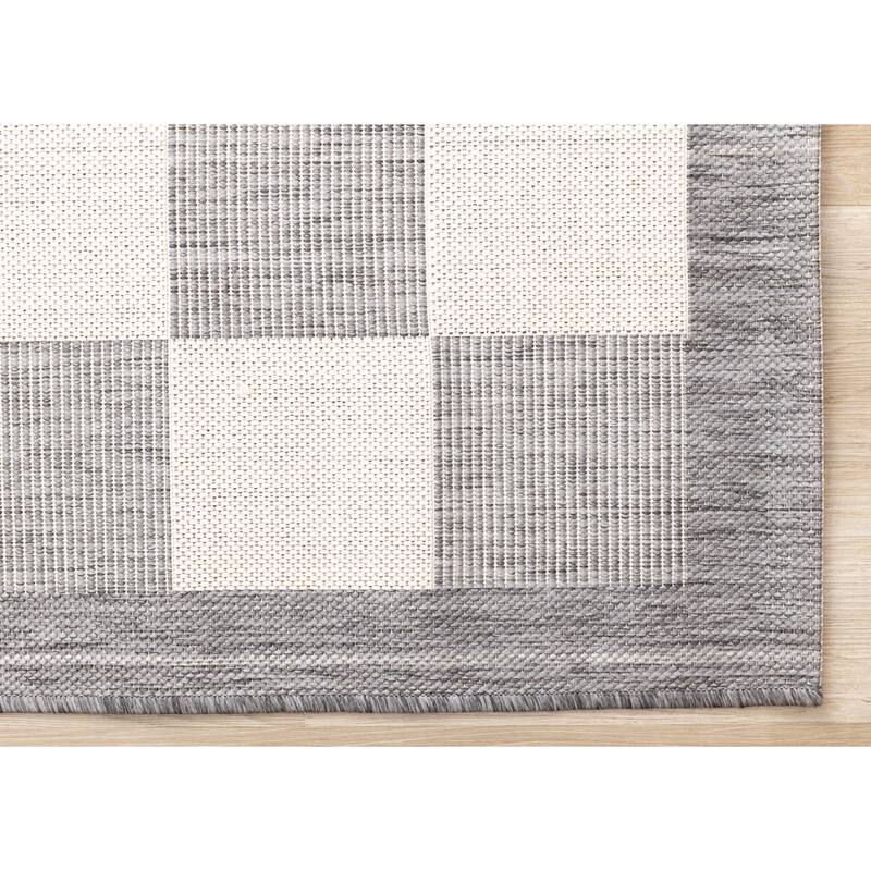 Jackson Collection - Grey Cream Border Checkerboard Indoor Outdoor Area Rug