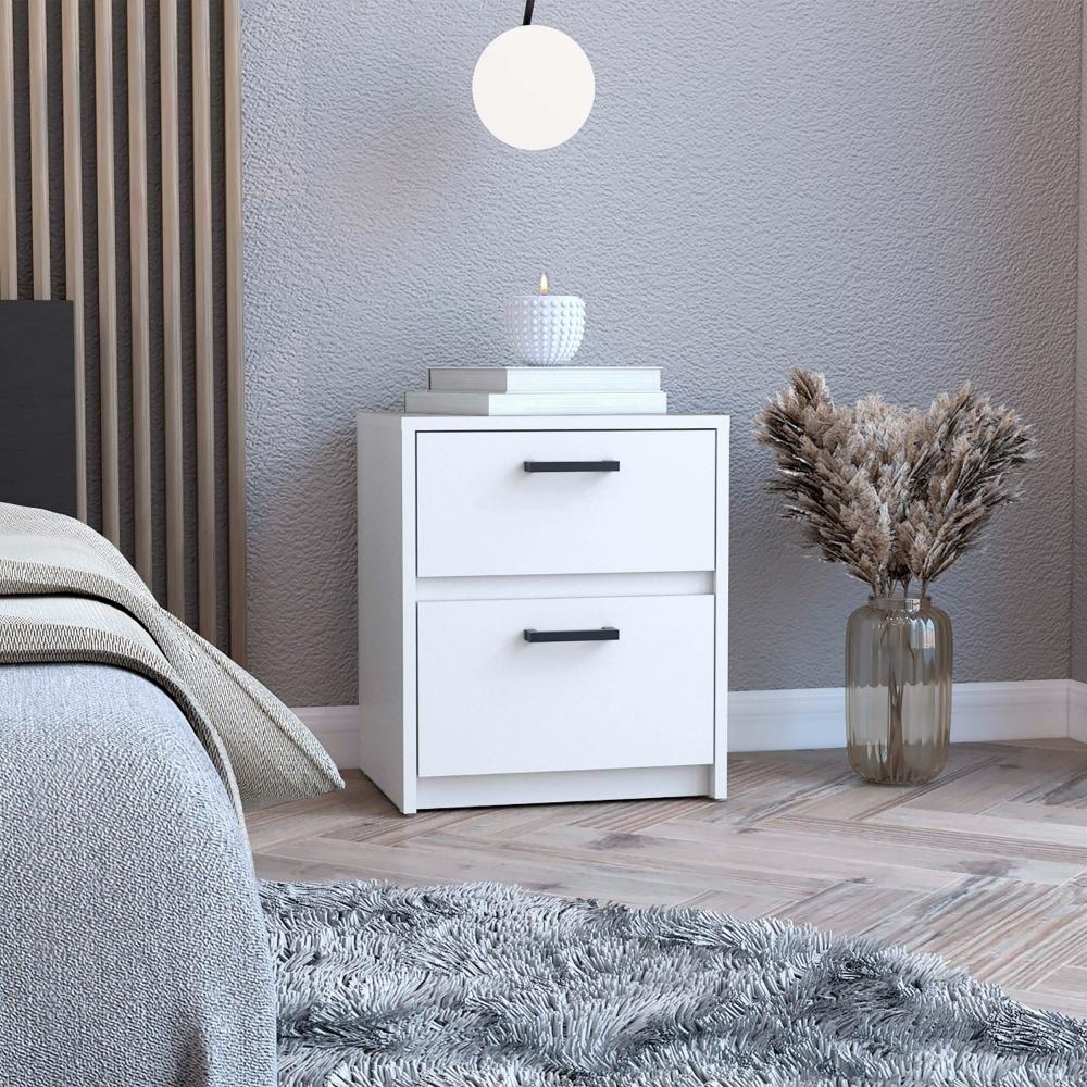2-Drawer Nightstand with Metal Handles, Compact Side Table for Bedroom or Living Room - White