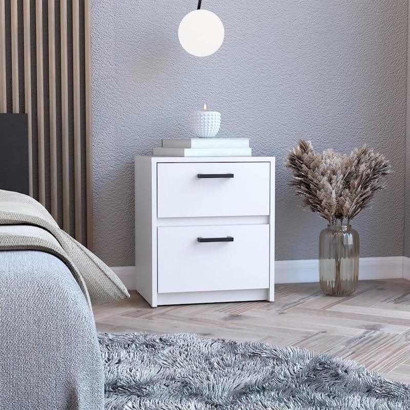 2 Drawers Nightstand , End Table, Side Table Metal Handles -White - White