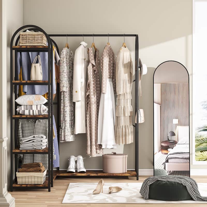 Heavy Duty L Shape Clothes Rack,Freestanding Corner Closet Organizer,Large Garment Rack with Storage Shelves and Hanging Rods