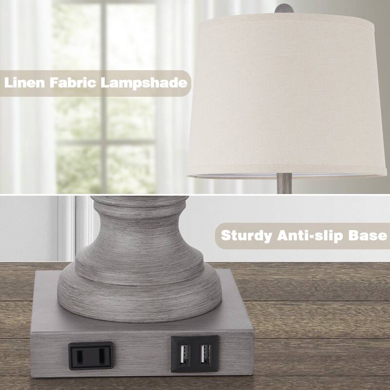 Grey Resin Table Lamps with 3-way Touch Dimming Switch USB & Type-C Charging Ports & AC Outlet (Set of 2)