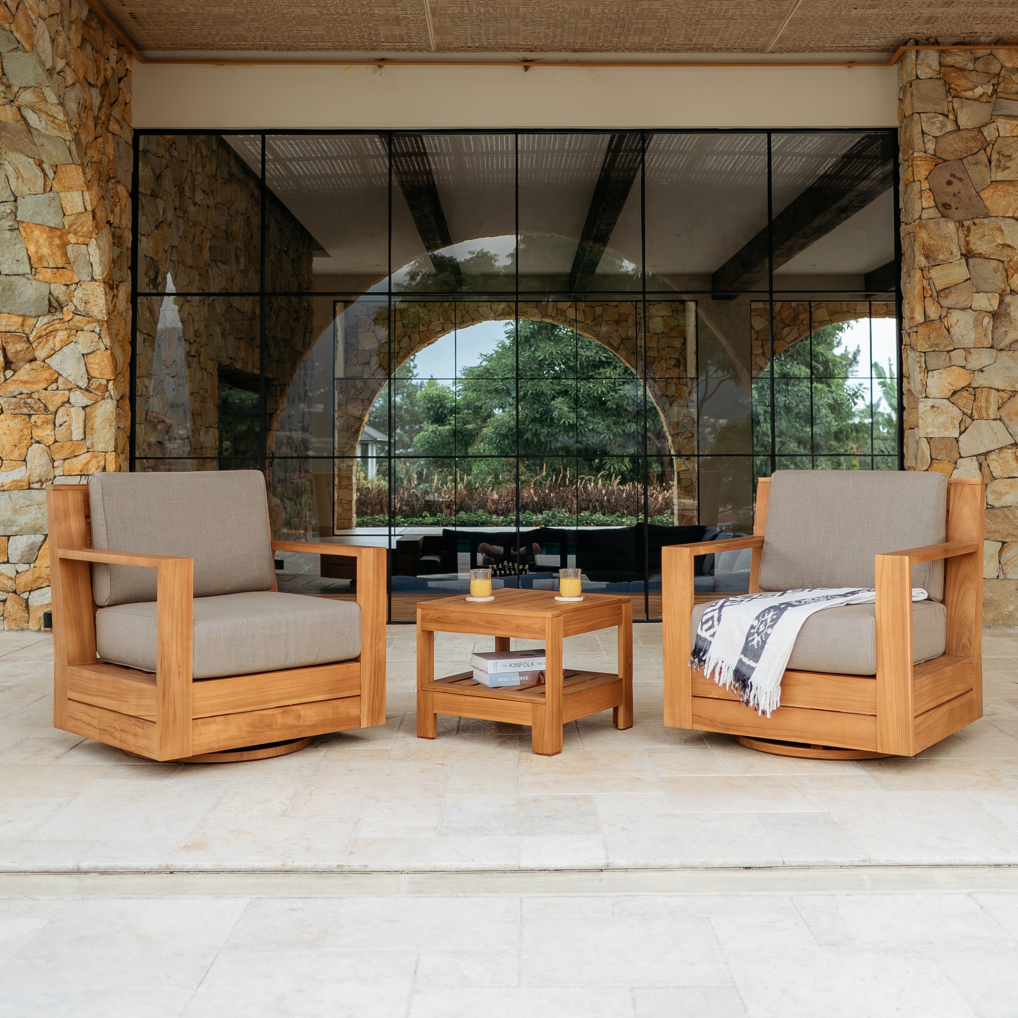 Cambridge Casual Logan 3-Piece Indonesian Teak Outdoor Patio Swivel Set with Sunbrella Cushions