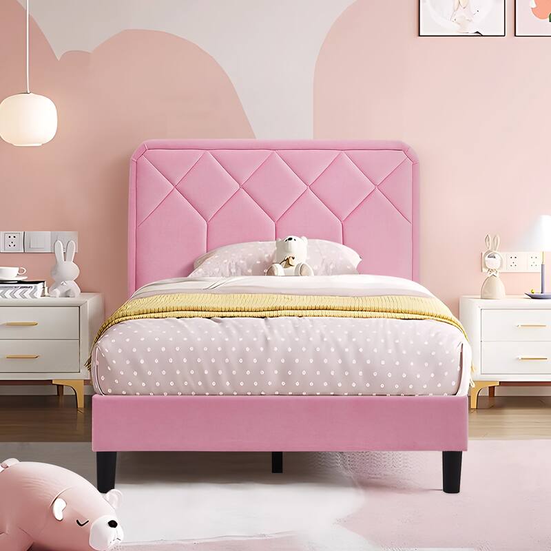 VECELO Adjustable Height Velvet Upholstered Bed Diamond Tufted Headboard with 7.8" Underbed Storage No Box Spring Needed - Pink - Twin